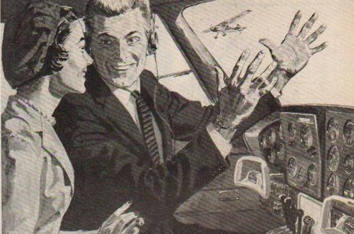 sepia toned illustration featuring a male pilot enthusiastically speaking to a woman inside of a cockpit in a 1950s airplane.