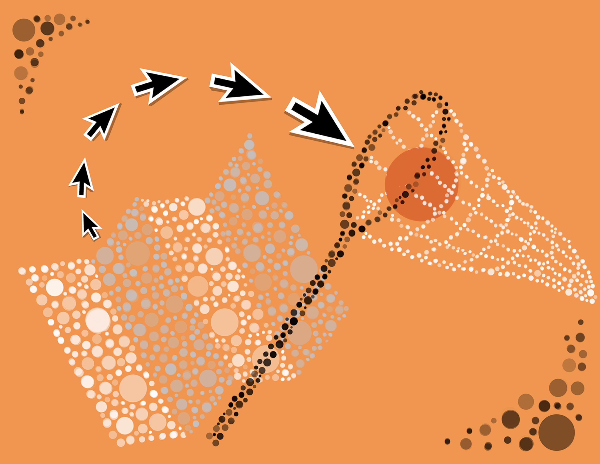 pointillistic style illustration featuring an abstract paper, and cursors leading a ball into a net.