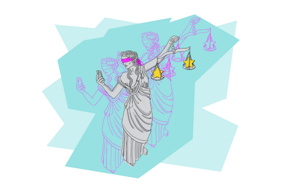 colorful illustration of Lady Justice wearing a blindfold and taking a selfie.