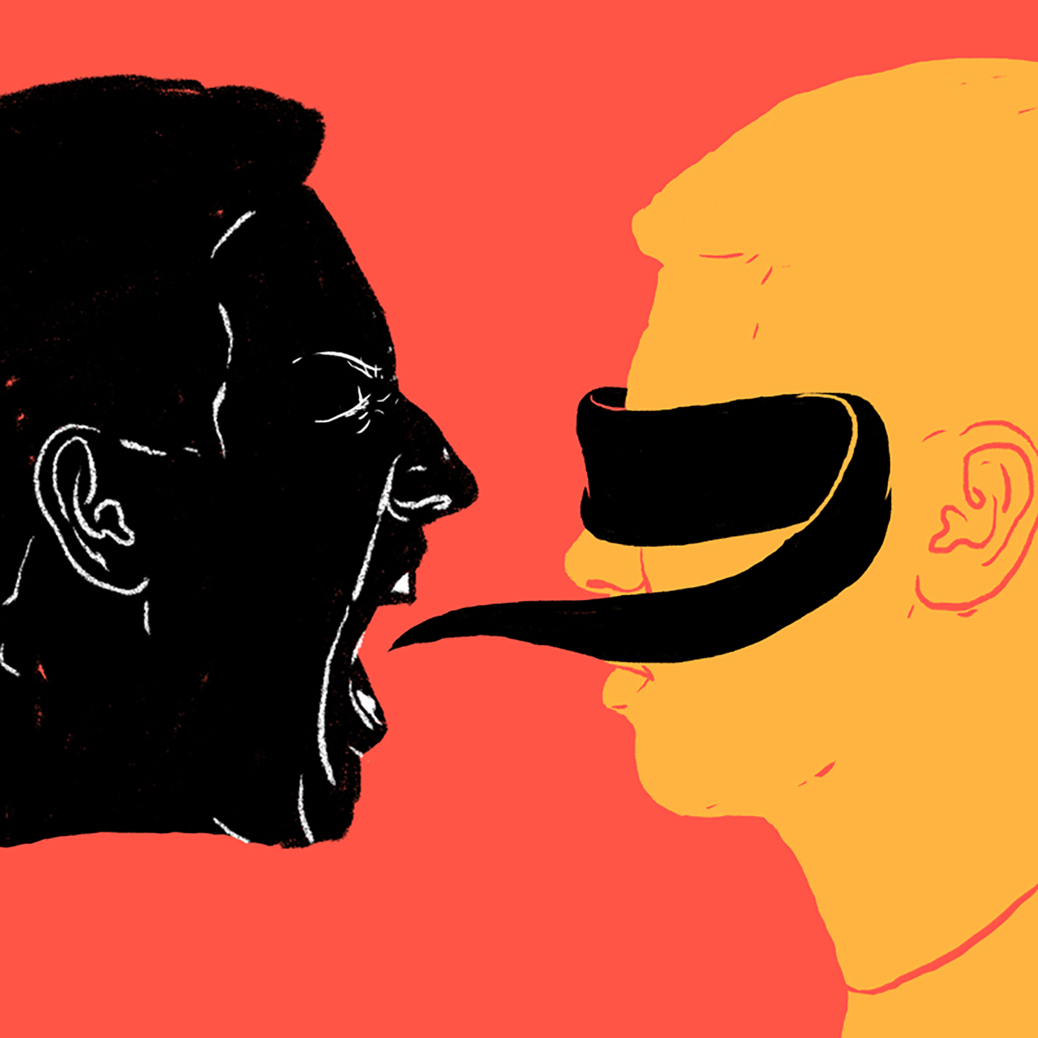 brightly colored illustration of one person whose yelling is obscuring the eyes of a second person with a blindfold.
