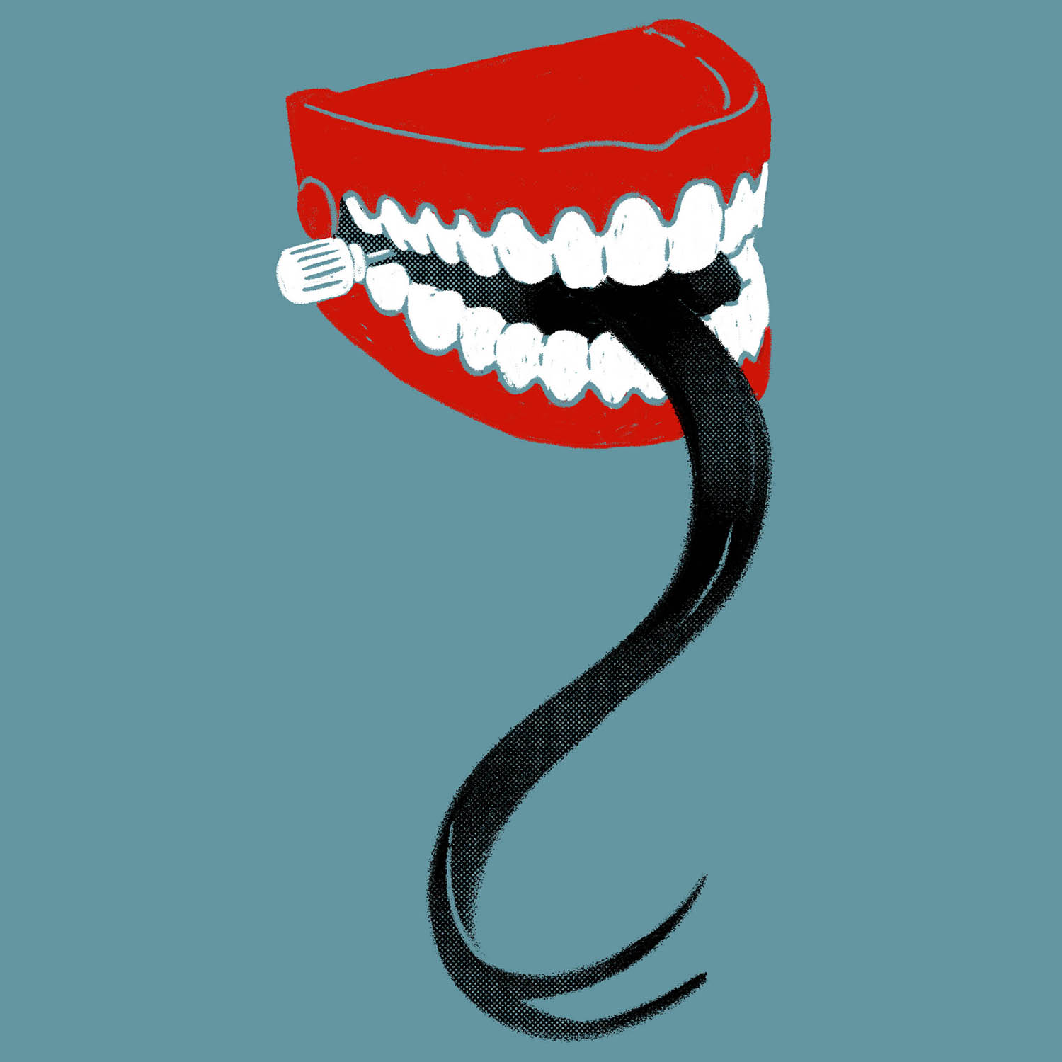 illustration of mechanical teeth with a long protruding snake tongue.