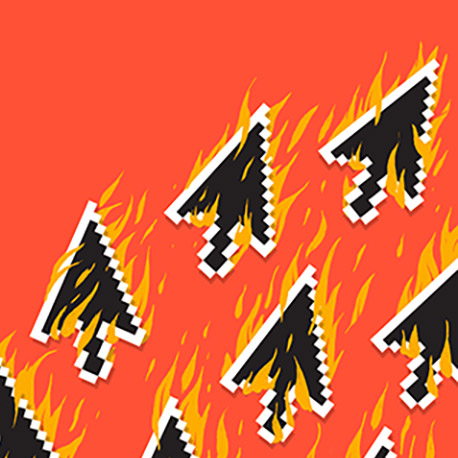 Illustration of flaming arrow cursor icons over a bright orange background.