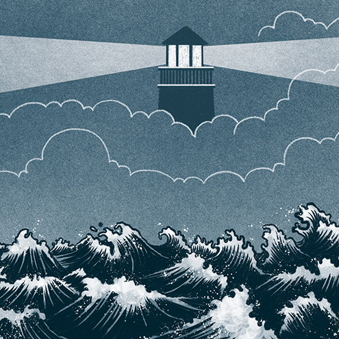 Illustration in a blue motif of lighthouse, obscured by clouds, shining across a tumultuous ocean.