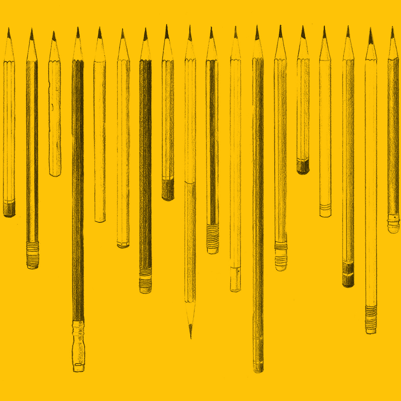 Yellow illustration of pencils of various lengths lined up next to each other.