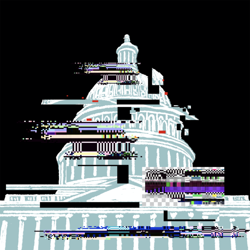 Foreboding illustration of a the white house being digitally corrupted over a black background