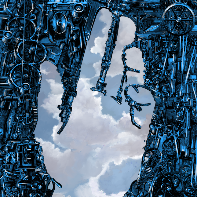 Illustration featuring the outline of a human hand over a background of clouds surrounded by blue robotic gears.