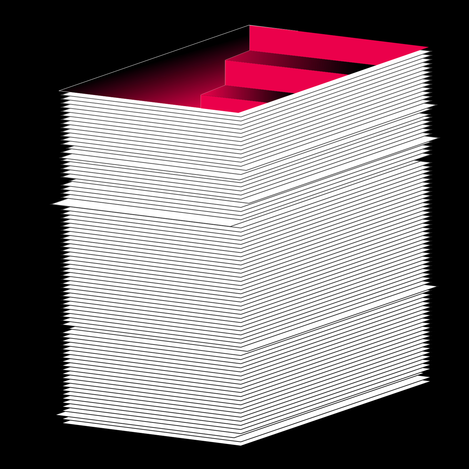 Illustration with black background and a red ominous staircase ascending out of a stack of white paper.