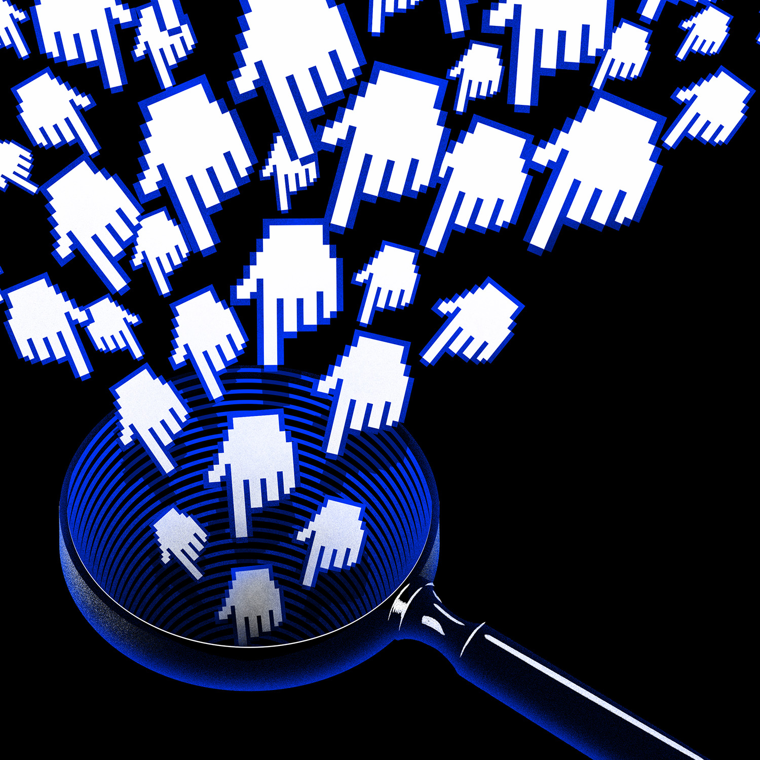 Image of a cluster of digital, white pointing hands descending towards a blue magnifying glass with a black background.