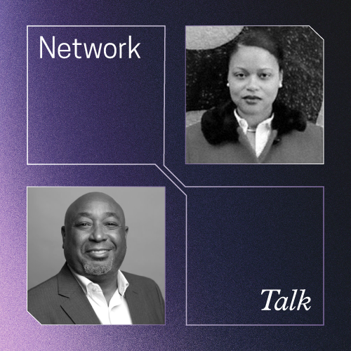 Network Talk. Purple background, 4 white outlined boxes. Two headshots diagonal from each other