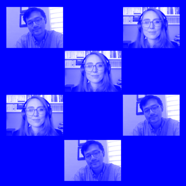 Repeated Zoom video stills of peoples faces on blue background