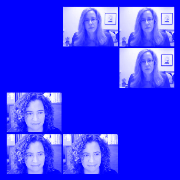 repeated Zoom video stills of women talking with blue tint