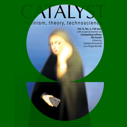 Catalyst - green background with blue circle. Woman dressed in black rest head on hand