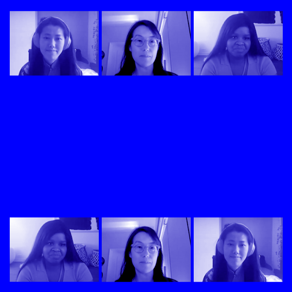 blue background with presenter images in small boxes. Yang Hong, Ellen Pao, McKensie Mack.